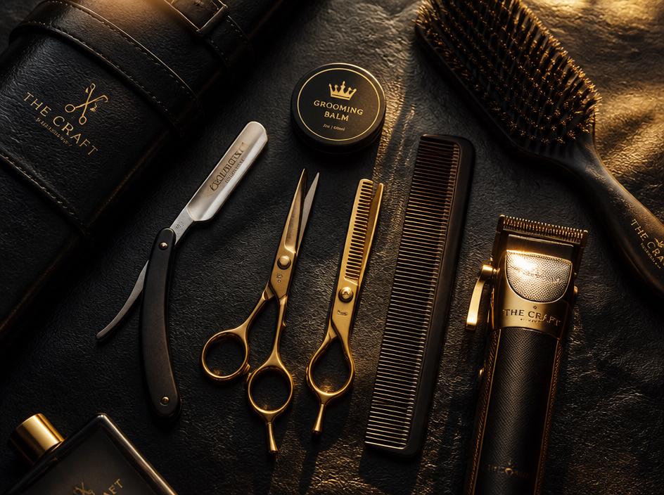 Herramientas de barbero profesional sobre cuero negro