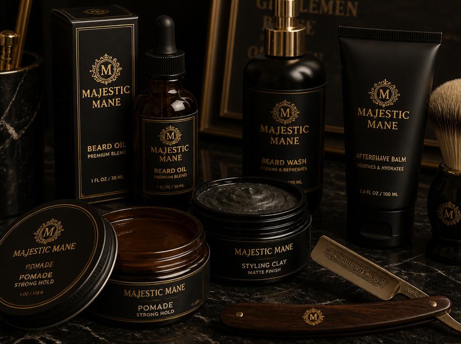 Productos premium de grooming sobre mármol negro